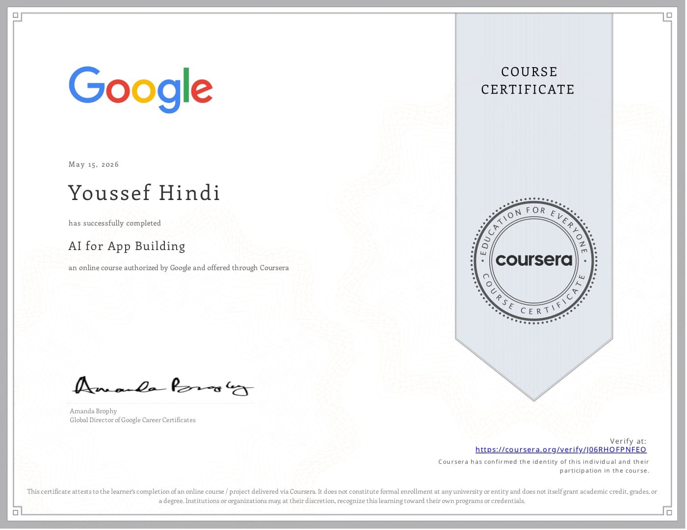 AI for App Building certificate issued by Google · Coursera