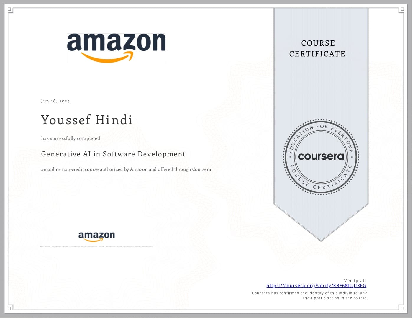 Generative AI Software Development certificate issued by Amazon · Coursera