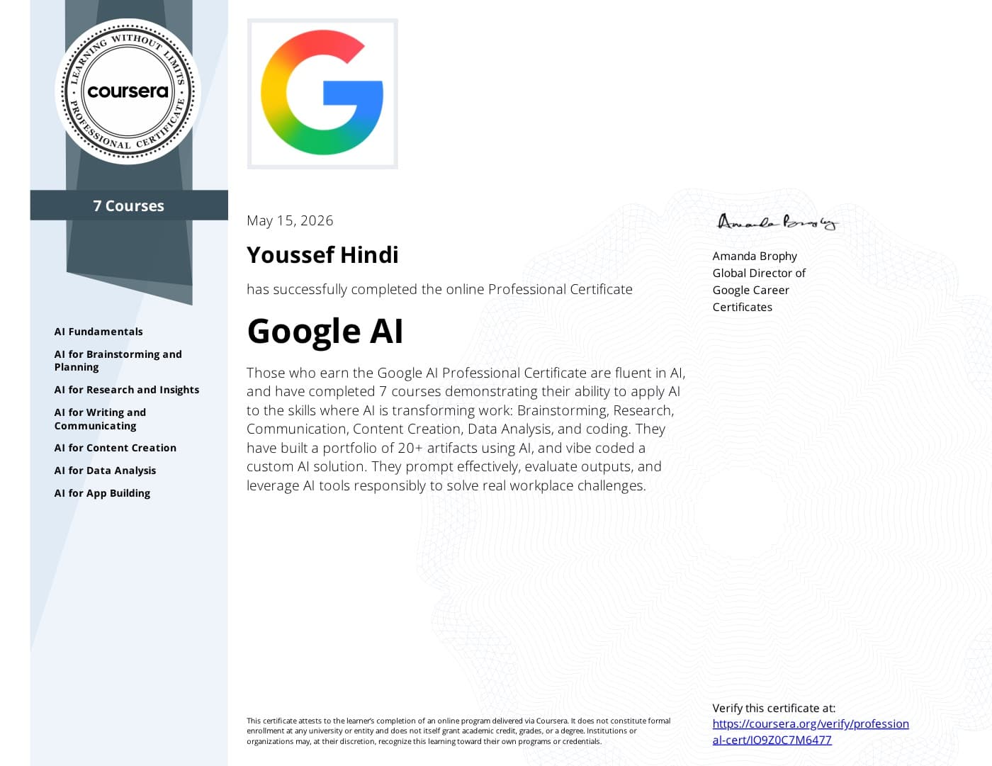 Google AI Professional Certificate certificate issued by Google · Coursera