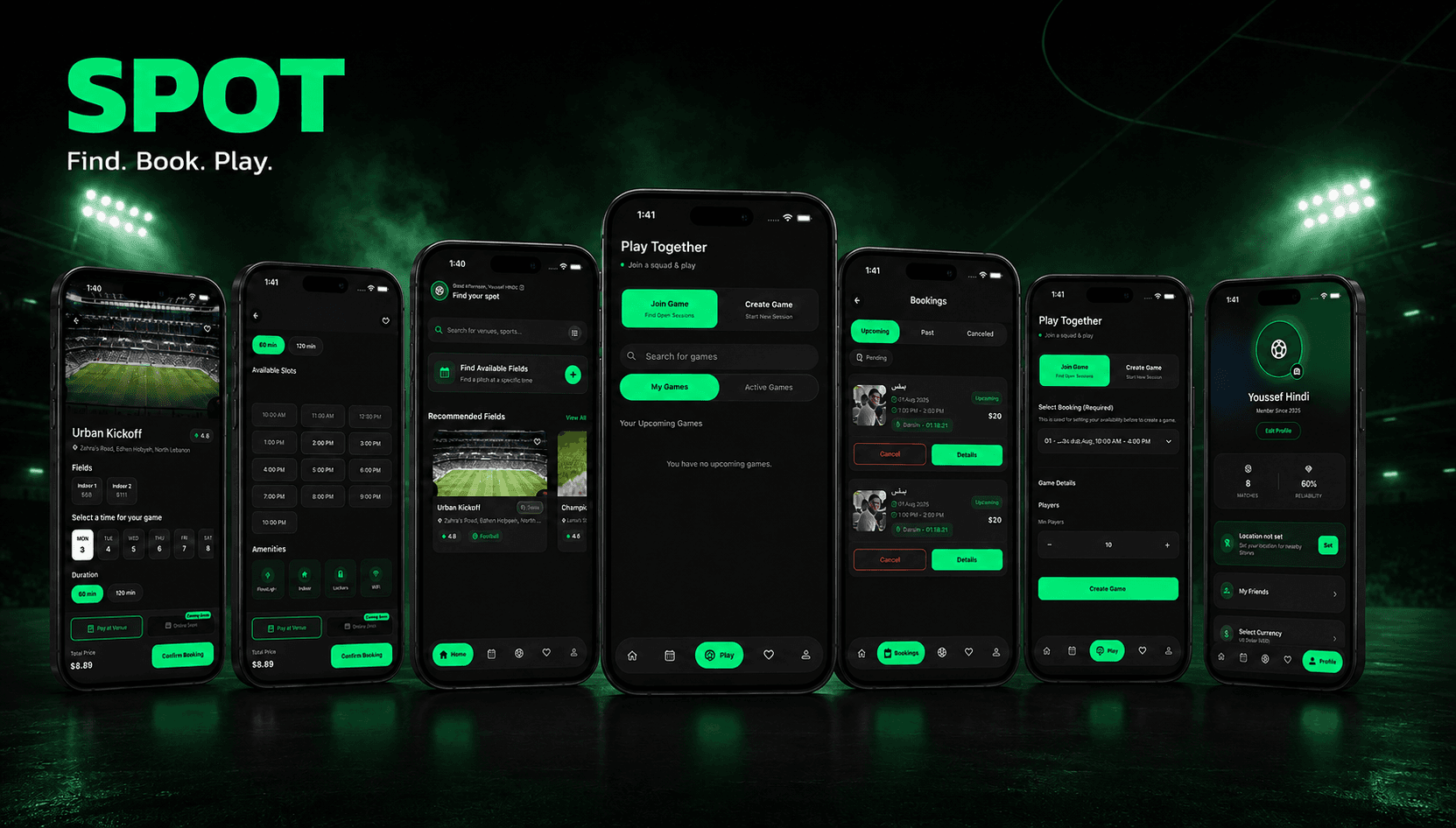 Spot mobile app screens showing sports venue discovery, time-slot booking, group games, bookings, and player profiles