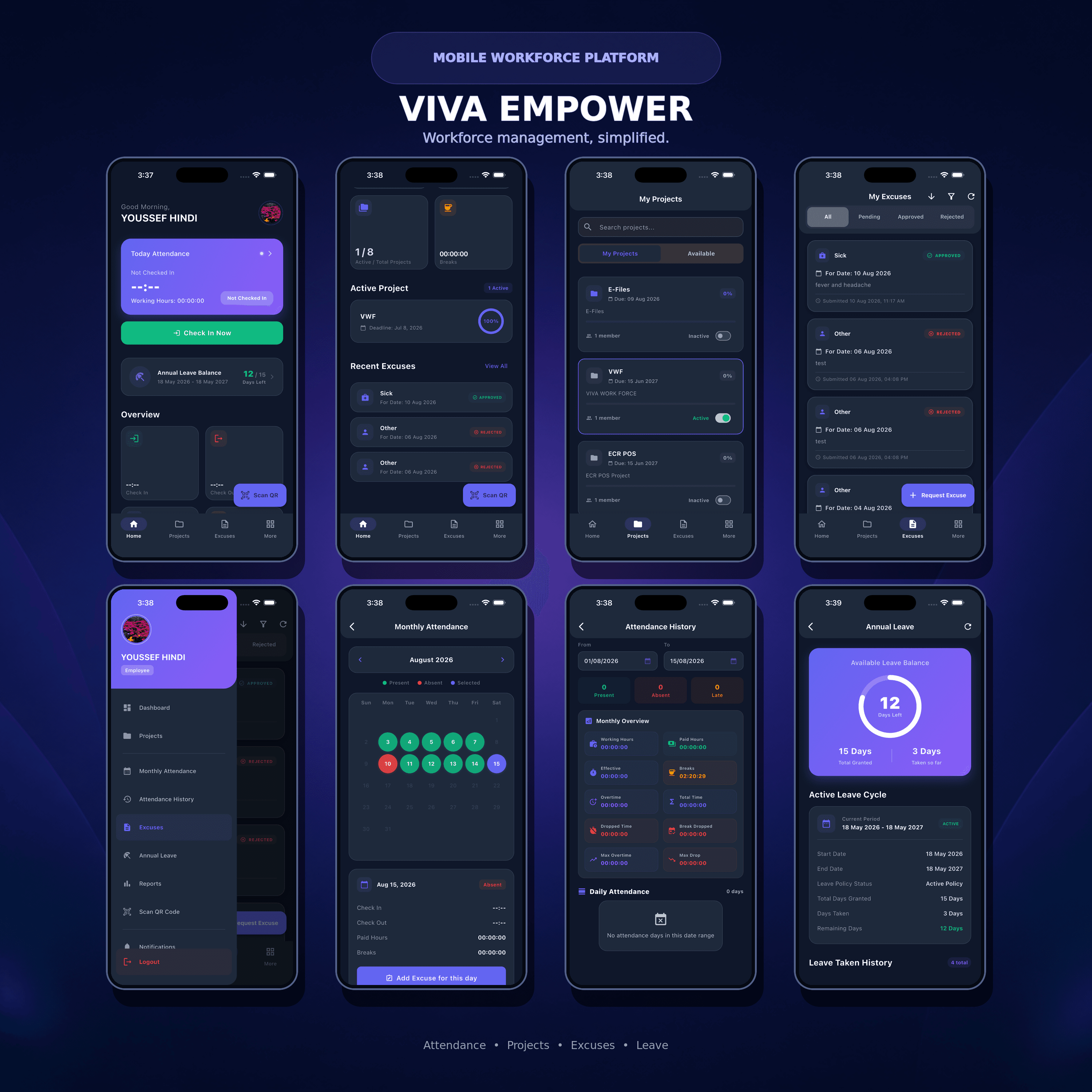 Viva Empower mobile app screens showing attendance, projects, employee requests, and leave management